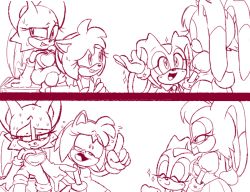 Rule 34 | 2koma, 4girls, ^ ^, amy rose, animal ears, animal nose, arm up, averting eyes, bare shoulders, bat ears, bat girl, bat wings, blush, body fur, bodysuit, boots, breasts, child, cleavage, closed eyes, closed mouth, comic, constricted pupils, cream the rabbit, crossed legs, derivative work, dress, elbow gloves, eye contact, facing another, female focus, flat chest, flying sweatdrops, from side, furry, furry female, gloves, grin, hairband, half-closed eye, half-closed eyes, hand up, happy, head tilt, index finger raised, knee boots, leaning forward, light blush, looking at another, looking to the side, looking up, comic panel redraw, medium breasts, monochrome, mother and daughter, multiple girls, multiple views, nervous, nervous smile, nervous sweating, open mouth, profile, puffy short sleeves, puffy sleeves, rabbit ears, rabbit girl, rabbit tail, raised eyebrow, rouge the bat, short hair, short sleeves, sidelocks, simple background, sitting, sketch, sleeveless, sleeveless dress, smile, sonic (series), sparkle, standing, stellarspin, sweat, teeth, uneven eyes, vanilla the rabbit, vest, white background, wings