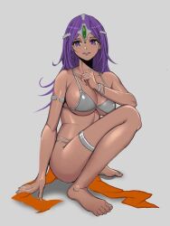 Rule 34 | armlet, armpit crease, barefoot, bra, breasts, cleavage, collarbone, commentary request, dark-skinned female, dark skin, dragon quest, dragon quest iv, gem, green gemstone, grey background, grey bra, large breasts, long hair, manya (dq4), parted lips, purple eyes, purple hair, rokuba, simple background, squatting, thighlet, underwear