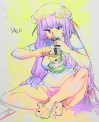 Rule 34 | 1girl, animal slippers, blue ribbon, book, breasts, bunny slippers, casual, crescent, crescent hat ornament, hair ribbon, hat, hat ornament, highres, holding, holding pot, large breasts, lighter, long hair, marijuana, mob cap, patchouli knowledge, pipe in mouth, pot, purple eyes, purple hair, red ribbon, ribbon, shirt, sitting, sketch, slippers, smoking, smoking pipe, t-shirt, touhou