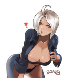 Rule 34 | 1girl, ahoge, angel (kof), breasts, cleavage, hair over one eye, hanging breasts, large breasts, leaning forward, lips, non-web source, one eye closed, open mouth, shiny skin, snk, solo, the king of fighters, white hair, wink, yellow eyes