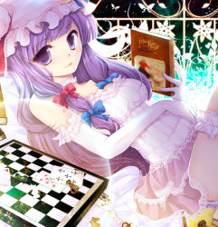 Rule 34 | 1girl, board game, book, breasts, card, chess, chessboard, choker, dress, elbow gloves, female focus, gloves, hat, bridal garter, long hair, lying, patchouli knowledge, playing card, purple eyes, purple hair, smile, solo, teramoto kaoru, thighhighs, thighs, touhou
