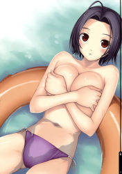 Rule 34 | 10s, 1girl, absurdres, ahoge, bikini, bikini bottom only, blue hair, breast hold, breasts, cleavage, covering breasts, covering privates, highres, idolmaster, idolmaster (classic), idolmaster 2, innertube, looking at viewer, miura azusa, navel, parted lips, partially submerged, purple bikini, red eyes, scan, shiny skin, short hair, side-tie bikini bottom, solo, swim ring, swimsuit, tanaka shoutarou, topless, water
