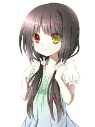 Rule 34 | 10s, 1girl, aged down, artist request, black hair, blouse, child, clock eyes, date a live, eyes visible through hair, heterochromia, long hair, looking at viewer, red eyes, shirt, simple background, solo, standing, symbol-shaped pupils, tokisaki kurumi, white background, white shirt