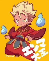 Rule 34 | 1boy, blonde hair, closed mouth, colored skin, fingernails, foot out of frame, hitodama, kotorai, long sleeves, looking ahead, lord enma, male focus, orange eyes, pointy ears, red skin, short hair, signature, solo, translation request, wide sleeves, yellow background, youkai watch