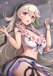 Rule 34 | 1girl, absurdres, bikini, breasts, commentary, corrin (female) (fire emblem), corrin (female) (summer) (fire emblem), corrin (fire emblem), fire emblem, fire emblem fates, fire emblem heroes, flower, flower necklace, gonzarez, grey hair, hair flower, hair ornament, highres, jewelry, lei, long hair, looking at viewer, lying, medium breasts, navel, necklace, nintendo, official alternate costume, on back, open mouth, pointy ears, red eyes, solo, swimsuit, white bikini