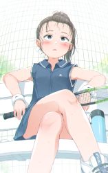 Rule 34 | 1girl, black hair, black shirt, black skirt, blue eyes, blush, breasts, collared shirt, commentary request, crossed legs, day, feet out of frame, forehead, gomennasai, high ponytail, highres, holding, long hair, looking away, on bench, original, outdoors, parted lips, pleated skirt, ponytail, racket, shirt, shoes, short sleeves, sitting, skirt, small breasts, solo, sportswear, sweat, sweatband, tennis racket, tennis uniform, thick eyebrows, white footwear, wristband