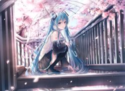Rule 34 | 1girl, 39, aqua eyes, aqua hair, aqua necktie, bare shoulders, black skirt, black sleeves, black thighhighs, blurry, blurry foreground, cherry blossoms, commentary, dangmyo, day, depth of field, detached sleeves, falling petals, from side, grey shirt, hair ornament, hatsune miku, highres, holding, holding umbrella, long hair, looking at viewer, looking to the side, miniskirt, necktie, outdoors, petals, pleated skirt, reaching, shirt, shoulder tattoo, skirt, sleeveless, sleeveless shirt, solo, spring (season), squatting, stairs, tattoo, thighhighs, transparent, transparent umbrella, twintails, umbrella, very long hair, vocaloid, zettai ryouiki