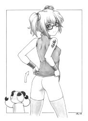 Rule 34 | 1girl, ass, border break, breasts, clothes lift, covered erect nipples, dress, dress lift, glasses, graphite (medium), greyscale, harumachi nagaaki, monochrome, no panties, panties, unworn panties, short hair, small breasts, smile, solo, tattoo, thighhighs, traditional media, twintails, underwear, wristband