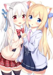 Rule 34 | 2girls, :d, ahoge, animal ears, bad id, bad pixiv id, black legwear, blonde hair, blue bow, blue eyes, blue jacket, blue skirt, blush, borrowed character, bow, bowtie, cat ears, collared shirt, commentary request, hair between eyes, hair bow, high-waist skirt, highres, holding hands, interlocked fingers, jacket, karutamo, long hair, looking at viewer, multiple girls, necktie, open clothes, open jacket, open mouth, original, parted lips, pink neckwear, plaid, plaid skirt, pleated skirt, red eyes, red neckwear, red skirt, shirt, silver hair, simple background, skirt, smile, striped bow, striped bowtie, striped clothes, striped neckwear, thighhighs, very long hair, white background, white legwear, white shirt