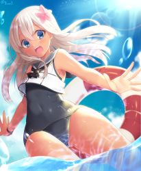 Rule 34 | 10s, 1girl, bad id, bad pixiv id, blonde hair, blouse, blurry, day, depth of field, flower, hair between eyes, hair flower, hair ornament, highres, kantai collection, lifebuoy, long hair, navy (navy.blue), ocean, one-piece swimsuit, one-piece tan, open mouth, partially submerged, partially underwater shot, ro-500 (kancolle), shirt, sky, sleeveless, sleeveless shirt, smile, solo, splashing, standing, swim ring, swimsuit, swimsuit under clothes, tan, tanline, underwater, wading, water, water drop