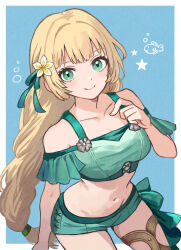 Rule 34 | 1girl, bare shoulders, bikini, blonde hair, breasts, collarbone, commentary request, crop top, fire emblem, fire emblem: three houses, fire emblem heroes, green bikini, green eyes, green ribbon, green shorts, hair ribbon, highres, ingrid brandl galatea, ingrid brandl galatea (summer), long hair, looking at viewer, navel, nintendo, off-shoulder bikini, off shoulder, official alternate costume, ribbon, short shorts, short sleeves, shorts, small breasts, solo, stomach, swimsuit, thighs, very long hair, yuurururun