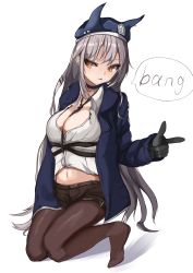 Rule 34 | 1girl, absurdres, between breasts, black gloves, black pantyhose, black shorts, blue choker, blue jacket, blush, breasts, brown eyes, choker, cleavage, closed mouth, english text, girls&#039; frontline, gloves, grey hair, highres, jacket, kneeling, long hair, looking at viewer, medium breasts, navel, necktie, necktie between breasts, no shoes, open clothes, open jacket, pantyhose, shirt, shorts, solo, speech bubble, spr a3g (girls&#039; frontline), spxn7787, tongue, tongue out, white background, white shirt