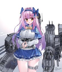 Rule 34 | 1girl, absurdres, blue bow, blue capelet, blue hairband, blue skirt, blush, bow, breasts, brown eyes, cannon, capelet, center frills, commentary, cowboy shot, frilled skirt, frills, gradient background, grey background, hair bow, hairband, head tilt, highres, korean text, large breasts, long hair, machinery, original, parted lips, personification, pink hair, pleated skirt, revision, shirt, sketch, skirt, solo, standing, steepled fingers, tandohark, thigh strap, translation request, turret, underbust, uss des moines (ca-134), very long hair, white background, white shirt
