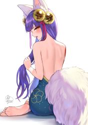Rule 34 | 1girl, animal ears, back, bare back, bare shoulders, barefoot, bell, blunt bangs, commentary request, daji (monster strike), feet, fox ears, fox tail, from behind, hair bell, hair ornament, hair ribbon, highres, kohanayuki, long hair, looking at viewer, looking back, monster strike, open mouth, purple hair, red ribbon, ribbon, signature, simple background, sitting, soles, solo, tail, white background, yellow eyes