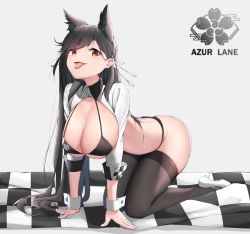 Rule 34 | 1girl, :p, all fours, animal ears, atago (azur lane), atago (stunning speedster) (azur lane), azur lane, bikini, black bikini, black thighhighs, blush, breasts, brown eyes, checkered flag, cleavage, commentary request, copyright name, cropped jacket, extra ears, flag, grey background, highres, jacket, kafeifeifeifeifeifei jiemo jun, large breasts, long hair, long sleeves, looking at viewer, mole, mole under eye, navel, race queen, revision, ribbon, sakura empire (emblem), shrug (clothing), simple background, skindentation, sleeve cuffs, solo, swept bangs, swimsuit, thighhighs, tongue, tongue out, two-tone bikini, two-tone leotard, upper body, white footwear, white jacket, white ribbon, wrist cuffs