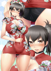 Rule 34 | 10s, 1girl, alternate costume, ass, ayato, black hair, black panties, blush, breasts, brown eyes, cameltoe, china dress, chinese clothes, choker, cleavage, covered navel, curvy, dress, covered erect nipples, floral print, gigantic breasts, highres, huge breasts, impossible clothes, kaga (kancolle), kantai collection, looking at viewer, minidress, miniskirt, open mouth, panties, pantyshot, side ponytail, skirt, smile, solo, underwear, wide hips
