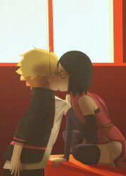 Rule 34 | 1boy, 1girl, absurdres, arm support, black gloves, black hair, black jacket, black thighhighs, blonde hair, blue eyes, boruto: naruto next generations, closed eyes, clothes pull, dress, elbow gloves, facial mark, fingerless gloves, glasses, gloves, hetero, highres, indian style, indoors, jacket, kiss, long sleeves, looking at another, naruto (series), on table, optimystic, pulling another&#039;s clothes, red-framed eyewear, red dress, shirt, shirt pull, short hair, shorts, sitting, sleeveless, sleeveless dress, table, thighhighs, uchiha sarada, upper body, uzumaki boruto, whisker markings, white shirt, white shorts