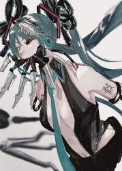 Rule 34 | amputee, android, aqua eyes, aqua hair, aqua necktie, artificial eye, bad id, bad pixiv id, bare shoulders, black shirt, black skirt, cable, calne ca (deino), cosplay, earlgrey3183, frilled ribbon, frills, hair ornament, hair ribbon, half-closed eyes, hatsune miku, hatsune miku (cosplay), heterochromia, highres, insect on head, isopod, leaning forward, long hair, looking at viewer, mandibles, mechanical, mechanical arms, mechanical eye, nato-kun, necktie, open clothes, open shirt, original, red eyes, ribbon, shirt, single mechanical arm, skirt, solo, traditional media, twintails, very long hair, vocaloid