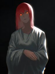 Rule 34 | 1girl, black background, chainsaw man, dark background, dress, hair down, highres, kota 2kx, long hair, looking at viewer, makima (chainsaw man), open mouth, red hair, ringed eyes, simple background, solo, white dress, yellow eyes