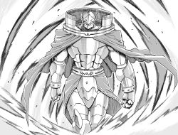 Rule 34 | 1boy, armor, cape, duel monster, greyscale, helmet, looking at viewer, male focus, monochrome, nasubino, raiza the storm monarch, solo, white background, yu-gi-oh!