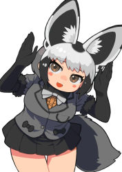 Rule 34 | 1girl, :3, animal ear fluff, animal ears, arms up, bat-eared fox (kemono friends), black bow, black gloves, black hair, black skirt, blazer, blush stickers, bow, bowtie, breast pocket, brown hair, cowboy shot, dot nose, elbow gloves, extra ears, fox ears, fox girl, fox tail, fur-trimmed sleeves, fur trim, furrowed brow, gloves, grey blazer, grey bow, grey bowtie, grey hair, grey jacket, highres, jacket, kemono friends, leaning forward, leaning to the side, looking at viewer, miniskirt, multicolored hair, open mouth, pleated skirt, pocket, rabbit pose, rinx, short hair, short sleeves, simple background, skirt, smile, solo, standing, tail, thigh gap, tsurime, white background