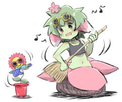 Rule 34 | 1girl, :d, bad id, bad pixiv id, bare arms, bare shoulders, black tank top, blue bow, blush, bow, broom, collarbone, colored skin, commentary request, crop top, dancing flower, eighth note, electric guitar, eyewear on head, flower, green hair, green skin, guitar, holding, holding broom, instrument, monster girl, musical note, navel, open mouth, original, pink-framed eyewear, pink flower, plant, plant girl, potted plant, red eyes, smile, solo, sunglasses, tank top, u-non (annon&#039;an), white background, yellow-framed eyewear