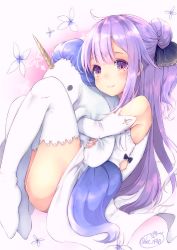 Rule 34 | 1girl, azur lane, blush, chita (ketchup), commentary request, detached sleeves, dress, gloves, highres, long hair, looking at viewer, name connection, hugging object, object namesake, purple eyes, purple hair, solo, stuffed animal, stuffed toy, stuffed unicorn, stuffed winged unicorn, thighhighs, unicorn (azur lane), very long hair, white gloves, white thighhighs