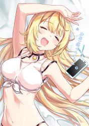 Rule 34 | 1girl, arm up, armpits, bad id, bad twitter id, bare arms, bare shoulders, bed sheet, breasts, cellphone, choker, closed eyes, crop top, drooling, facing viewer, front-tie top, h (eitilog), hand up, highleg, highres, hoshikawa sara, hoshikawa sara (1st costume), large breasts, long hair, lying, midriff, navel, nijisanji, on back, open mouth, phone, shirt, sleeping, sleeveless, sleeveless shirt, smartphone, smile, solo, translation request, virtual youtuber, white shirt