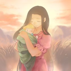 Rule 34 | 1boy, 1girl, alphonse elric, baby, blanket, blonde hair, brown hair, carrying, child carry, clenched hand, dress, closed eyes, fullmetal alchemist, grass, hase (nafela), long hair, mother and son, pink dress, short hair, simple background, sky, sleeping, smile, trisha elric, very long hair