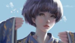 Rule 34 | 1girl, absurdres, bad id, bad pixiv id, bird, blue sky, blurry, bob cut, chinese text, cloudy, commentary request, day, depth of field, derivative work, eyelashes, hands up, highres, japanese clothes, kimono, lips, long sleeves, looking at viewer, neck tattoo, parted lips, portrait, purple hair, purple kimono, qizhu, realistic, red lips, short hair, sky, solo, sunlight, tattoo, wide sleeves