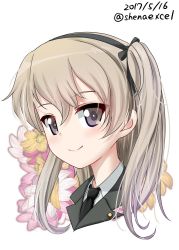 Rule 34 | 10s, 1girl, black jacket, black necktie, black ribbon, brown eyes, closed mouth, commentary request, cropped neck, dated, dress shirt, floral background, girls und panzer, hair ribbon, highres, jacket, light brown hair, long hair, looking at viewer, military, military uniform, necktie, one-hour drawing challenge, portrait, ribbon, selection university military uniform, shiina excel, shimada arisu, shirt, side ponytail, smile, solo, twitter username, uniform, white background, wing collar