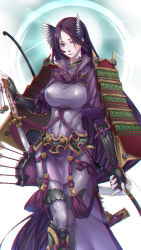 Rule 34 | 1girl, armor, arrow (projectile), blue eyes, bow, bow (weapon), breasts, fame peera, fate/grand order, fate (series), fingerless gloves, gloves, hair ornament, highres, huge breasts, katana, long hair, looking to the side, minamoto no raikou (fate), miniskirt, pauldrons, purple hair, quiver, rope, shoulder armor, skirt, solo, sword, vambraces, very long hair, weapon