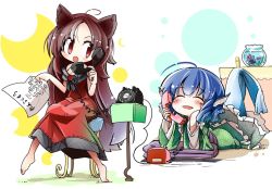 Rule 34 | 2girls, animal ears, antique phone, bare shoulders, barefoot, blue hair, blush, breasts, brooch, brown eyes, brown hair, chair, cleavage, closed eyes, corded phone, dress, fifiruu, fins, fishbowl, head fins, imaizumi kagerou, japanese clothes, jewelry, kimono, long hair, long sleeves, lying, medium breasts, mermaid, monster girl, multiple girls, obi, off-shoulder dress, off shoulder, on stomach, open mouth, paper, phone, red dress, rotary phone, sash, shirt, sitting, skirt, smile, tail, talking on phone, touhou, very long hair, wakasagihime, wide sleeves, wolf ears, wolf tail