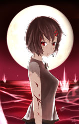 Rule 34 | &gt;:(, 1girl, ayanami (warship girls r), black skirt, bleeding, blood, blood from mouth, blood on face, blouse, brown hair, brown shirt, collared shirt, cowboy shot, from side, frown, full moon, hair ornament, hairclip, highres, injury, looking at viewer, looking back, moon, ocean, red eyes, serious, shirt, short hair, skirt, solo, splashing, staring, torn clothes, torn shirt, torn sleeves, v-shaped eyebrows, warship girls r, water