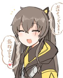 Rule 34 | 1girl, blush, brown hair, closed eyes, facing viewer, girls&#039; frontline, hair between eyes, heart, highres, hood, hooded jacket, jacket, open mouth, scar, scar across eye, scar on face, shiming liangjing, simple background, solo, translated, ump45 (girls&#039; frontline), upper body, white background