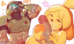 Rule 34 | 1boy, 1girl, abs, animal crossing, animal ears, blush, bottomless, crossover, dog ears, dog girl, doom (series), doomguy, english text, erection, fellatio, furry, furry female, furry with non-furry, gloves, helmet, hetero, highres, interspecies, isabelle (animal crossing), male pubic hair, nintendo, oral, penis, precum, pubic hair, raunchy ninja, simple background, topknot, uncensored