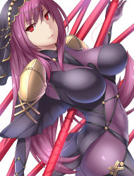 Rule 34 | 1girl, bodysuit, breasts, covered navel, fate/grand order, fate (series), highres, kd, large breasts, long hair, polearm, purple bodysuit, purple hair, red eyes, scathach (fate), scathach (fate), smile, solo, spear, thighs, very long hair, weapon