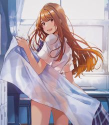 Rule 34 | 1girl, blush, brown eyes, collared shirt, curtains, fly (marguerite), highres, holding, holding towel, indoors, long hair, looking at viewer, looking back, open mouth, orange hair, original, shirt, short sleeves, smile, solo, standing, towel, white shirt, window
