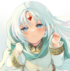 Rule 34 | 1girl, blue eyes, blue hair, blush, child, collared shirt, elf, forehead jewel, green scarf, hands up, long hair, long sleeves, miton (ton321), pointy ears, rance (series), reset kalar, scarf, shirt, simple background, skirt, smile, solo, white background, white shirt, white skirt