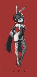 Rule 34 | 1girl, :&lt;, animal ears, bare shoulders, breasts, choker, cleavage, contrapposto, covered navel, elbow gloves, fake animal ears, fingerless gloves, fishnet thighhighs, fishnets, full body, gloves, gluteal fold, greyscale, hand on own hip, hand on own thigh, high heels, highleg, highleg leotard, highres, leotard, long hair, looking at viewer, low twintails, medium breasts, mio-muo1206, monochrome, original, playboy bunny, rabbit ears, rabbit tail, red background, simple background, solo, standing, tail, thighhighs, twintails, very long hair