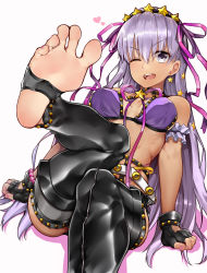 Rule 34 | 1girl, ;d, bare shoulders, barefoot, batatata77, bb (fate), bb (fate) (all), bb (swimsuit mooncancer) (fate), bb (swimsuit mooncancer) (second ascension) (fate), belt, bikini, black gloves, black thighhighs, bracelet, earrings, fate/grand order, fate (series), fingerless gloves, foot focus, foreshortening, gloves, hairband, heart, highres, jewelry, looking at viewer, micro shorts, nail polish, one eye closed, open mouth, pink nails, purple bikini, purple eyes, purple hair, shorts, smile, soles, solo, spread toes, swimsuit, tan, teeth, thighhighs, toes