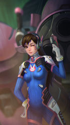 Rule 34 | 1girl, animal print, bodysuit, breasts, brown eyes, brown hair, commentary, cowboy shot, d.va (overwatch), facepaint, facial mark, gloves, gun, hand on own hip, holding, holding gun, holding weapon, light smile, long hair, looking at viewer, medium breasts, meka (overwatch), one eye closed, overwatch, overwatch 1, pilot suit, rabbit print, ribbed bodysuit, solo, standing, weapon, whisker markings, white gloves, yagaminoue