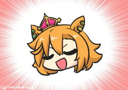 Rule 34 | 1girl, :d, absurdres, animal ears, closed eyes, crown, facing viewer, goma (gomasamune), hair between eyes, head only, highres, horse ears, mini crown, open mouth, orange hair, parted bangs, smile, solo, t.m. opera o (umamusume), twitter username, umamusume, v-shaped eyebrows