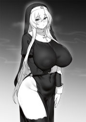 Rule 34 | 1girl, breasts, covered navel, cross, covered erect nipples, greyscale, highres, houtengeki, huge breasts, long hair, long sleeves, looking at viewer, monochrome, nun, original, puffy long sleeves, puffy sleeves, solo, sweat, thighhighs, thighs