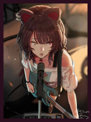 Rule 34 | 1girl, animal ears, black tank top, blunt bangs, border, brown footwear, brown hair, collarbone, commentary, dog ears, earrings, electric guitar, fangs, from above, full body, guitar, heterochromia, highres, holding, holding guitar, holding instrument, instrument, inui toko, isshiki (ffmania7), jewelry, medium hair, microphone, microphone stand, nijisanji, open mouth, pedal board, red eyes, shirt, sidelocks, signature, solo, symbol-only commentary, t-shirt, tank top, virtual youtuber, white shirt, wristband, yellow eyes