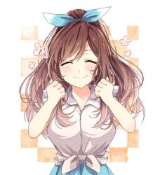 Rule 34 | blue bow, blue skirt, blush, bow, breasts, brown hair, checkered background, closed eyes, closed mouth, commentary, front-tie top, hair between eyes, hair bow, idolmaster, idolmaster shiny colors, large breasts, mmyk81, patterned clothing, ponytail, skirt, smile, solo, tsukioka kogane