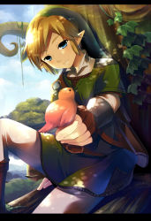 Rule 34 | 1boy, bad id, bad pixiv id, bird, blonde hair, blue eyes, earrings, gloves, hat, jewelry, letterboxed, link, male focus, nature, nintendo, pointy ears, sakura puchirou, smile, solo, suama, the legend of zelda, the legend of zelda: skyward sword