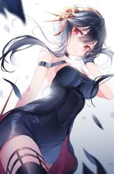 Rule 34 | 1girl, artificial flower, bare shoulders, black dress, black gloves, black hair, black thighhighs, breasts, cleavage, closed mouth, covered navel, cowboy shot, dress, feathers, from below, gloves, gradient background, grey background, hair ornament, hairband, hairclip, hand in own hair, highres, large breasts, legwear garter, looking at viewer, looking down, red eyes, short hair with long locks, sidelocks, sleeveless, sleeveless dress, smile, solo, spy x family, suaynnai wanzi, thighhighs, waist cape, weapon, white background, yellow hairband, yor briar, zettai ryouiki