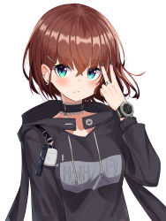 Rule 34 | 1girl, bad id, bad pixiv id, black nails, black shirt, blue eyes, blush, breasts, brown hair, clothes writing, copyright request, drawstring, ear piercing, earrings, fingernails, green eyes, hair between eyes, hair ornament, hairclip, hand up, highres, jewelry, long sleeves, looking at viewer, multicolored eyes, nail polish, parted lips, piercing, ring, shirt, short hair, simple background, small breasts, solo, upper body, v, w.k, watch, white background, wristwatch