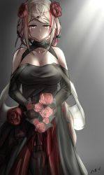 Rule 34 | 1girl, absurdres, alternate costume, azur lane, black wedding dress, blonde hair, breasts, brown eyes, cleavage, collarbone, commentary, crying, crying with eyes open, dark background, dress, english commentary, flower, hair flower, hair ornament, happy tears, highres, large breasts, looking at viewer, multicolored hair, nev (nevblindarts), red hair, red ribbon, ribbon, roon (azur lane), rose, short hair, signature, smile, solo, strapless, strapless dress, streaked hair, tears, twitter username, wedding dress